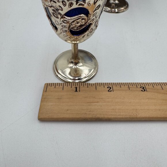 4 VTG American Cut Crystal Cobalt Blue Cordial Glasses Filligree Silverplate - Picture 8 of 9